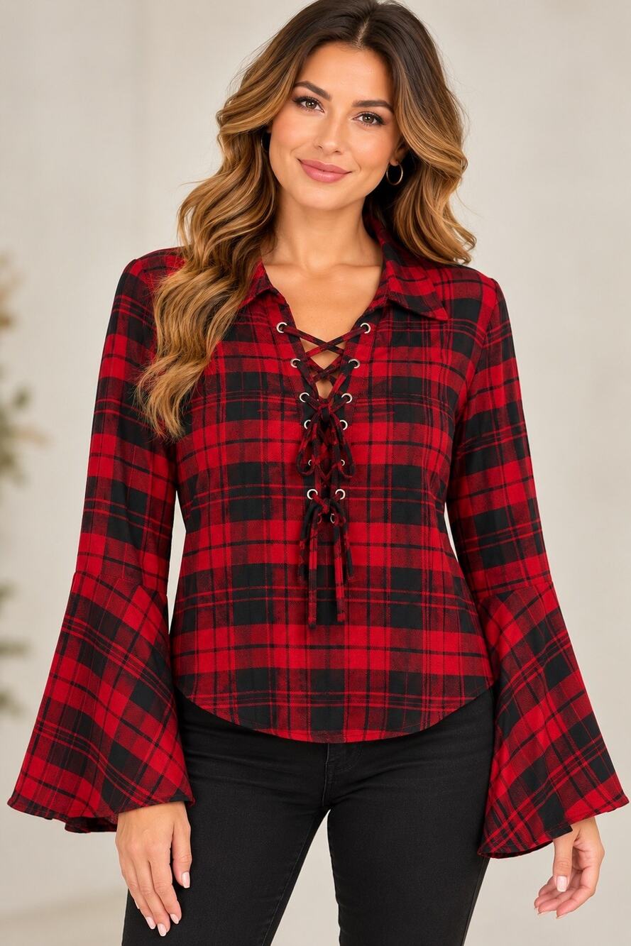 TOBI Red/Black Plaid Lace-Up Collared Bell Long Sleeve Blouse S/P Goth Y2K Fall